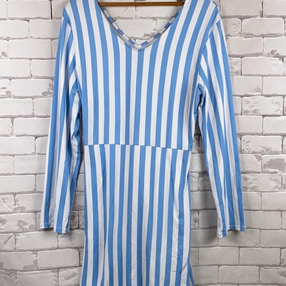 Blue & white striped mini dress long sleeve LARGE cut out back